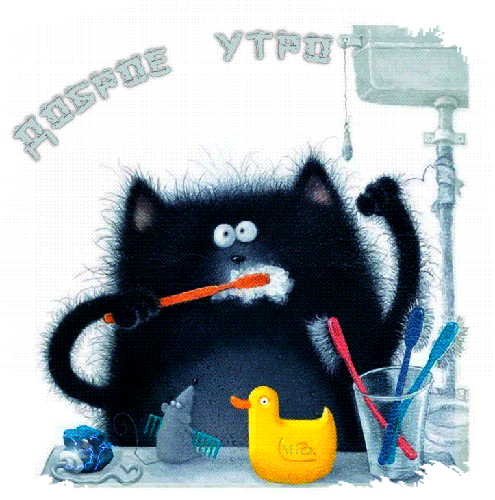 Черный кот чистит зубы, а мышка держит расческу